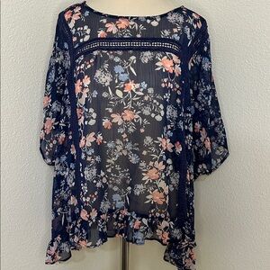 Bobeau Blue Floral Top Size L Large Loose Flowy